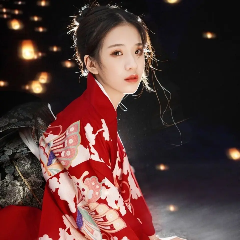 Japon Geleneksel Kimono Obi İle Kırmızı Renk Çiçek Baskılar Uzun Kollu Seksi Kadın Kızlar Yukata Cosplay Sahne Performansı Elbise . ' - ' . 1