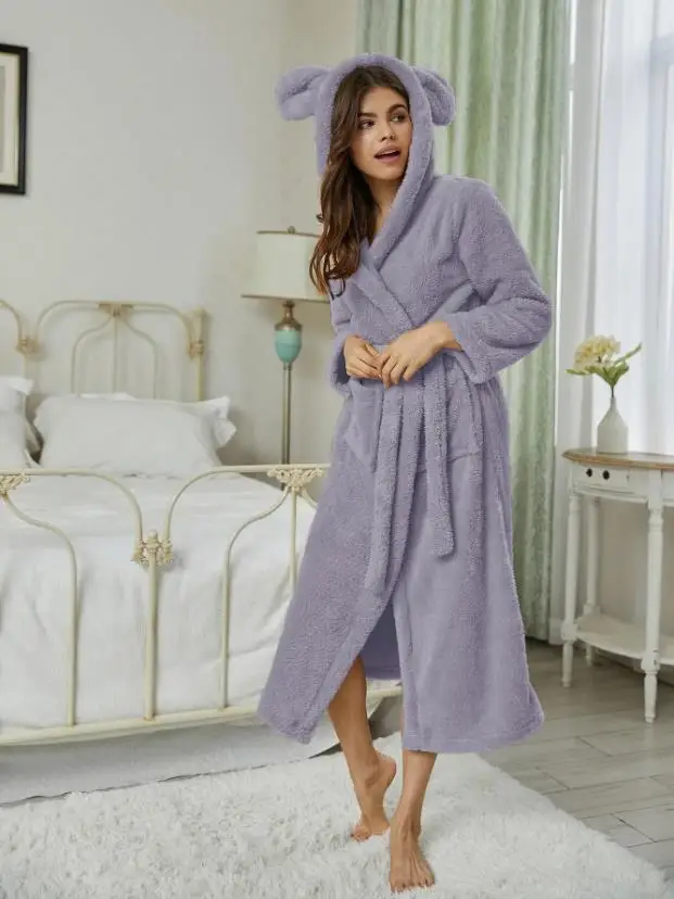 Kış Yeni Sıcak Flanel Bornoz Kadın Pijama Sevimli Kapşonlu Robe Kimono Banyo Elbisesi Gevşek Gecelik Gecelik Kalınlaşmak Gecelik . ' - ' . 1