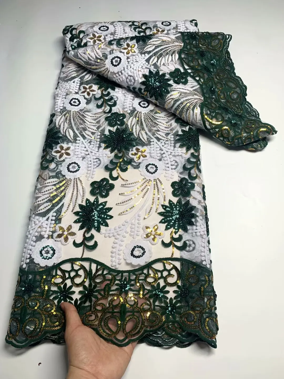 Lüks Afrika Dantel Kumaş 2023 son yeşil beyaz Hint sari kumaş Yüksek kalite tül pullu dantel kumaş düğün elbisesi . ' - ' . 1