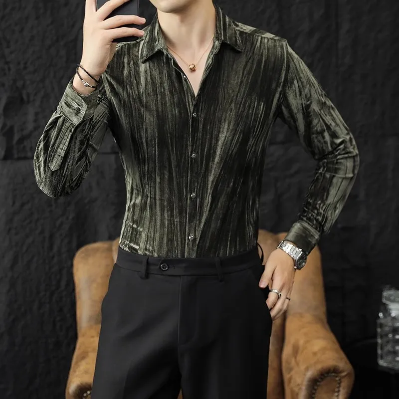Sonbahar Tek Göğüslü erkek Kadife Gömlek 2023 Şık Düğme Aşağı Uzun Kollu Gömlek Erkek Artı Boyutu Sosyal Kore Streetwear . ' - ' . 1