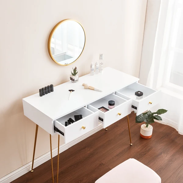 Tuvalet Masası Yatak Odası makyaj masası sandalyesi Seti Minderli Tabure Duvara Monte Ayna 3 Çekmeceli Altın Firkete Bacaklar makyaj masası . ' - ' . 1