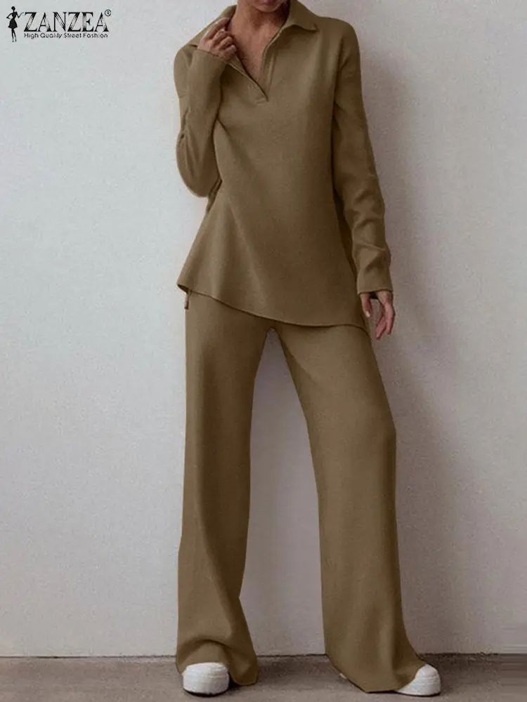 ZANZEA Moda Örme Katı Kıyafetler Sonbahar Eşleşen Setleri Uzun Kollu V Boyun Bluzlar Pantolon Kadın Rahat Kentsel Eşofman . ' - ' . 1