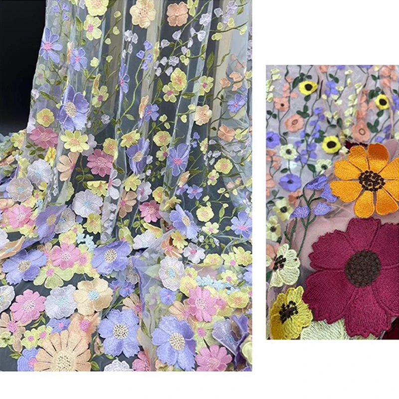 1 Yard Lüks 3D Çiçek İşlemeli Örgü Dantel Kumaş Şık Ayçiçeği Nakış Tül dikiş kumaşı düğün elbisesi Cheongsam . ' - ' . 2