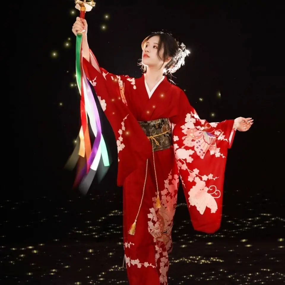 Japon Geleneksel Kimono Obi İle Kırmızı Renk Çiçek Baskılar Uzun Kollu Seksi Kadın Kızlar Yukata Cosplay Sahne Performansı Elbise . ' - ' . 2