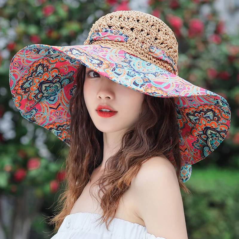 Kadın Yaz Yeni Büyük Saçak Kubbe Kadın Deniz Sınır UV Plaj güneş şapkası Güneşlik Güneş Koruma Hasır Şapka Panama kadın Şapka . ' - ' . 2