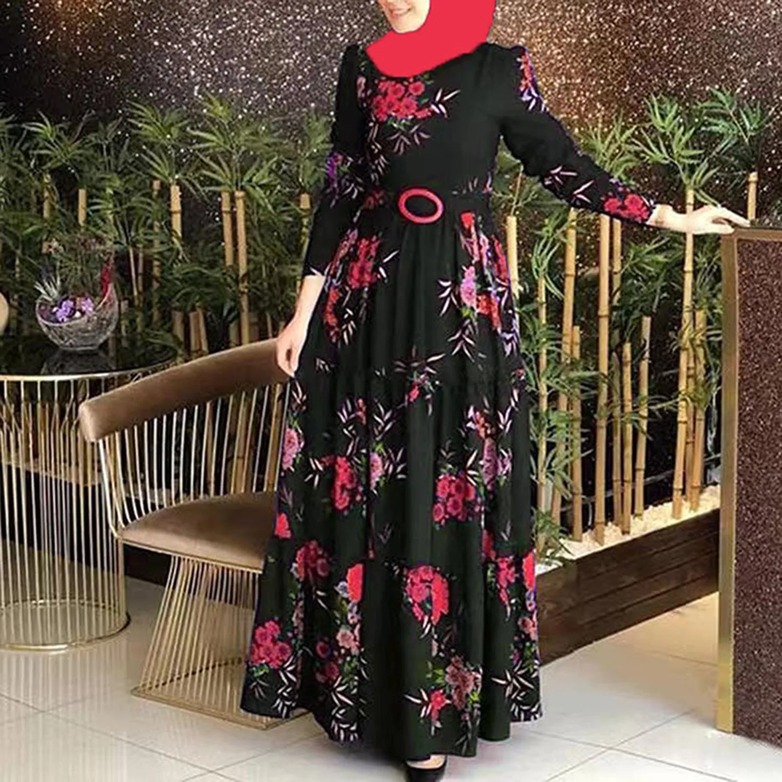 Vintage Elbise 2023 Sonbahar Retro Çiçek Baskı Müslüman Elbise Bayan Moda Rayon Uzun Vestidos Casual Gevşek fırfırlı elbiseler . ' - ' . 2