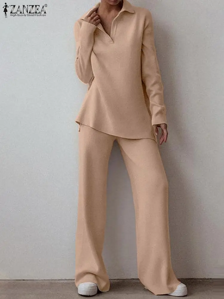 ZANZEA Moda Örme Katı Kıyafetler Sonbahar Eşleşen Setleri Uzun Kollu V Boyun Bluzlar Pantolon Kadın Rahat Kentsel Eşofman . ' - ' . 2