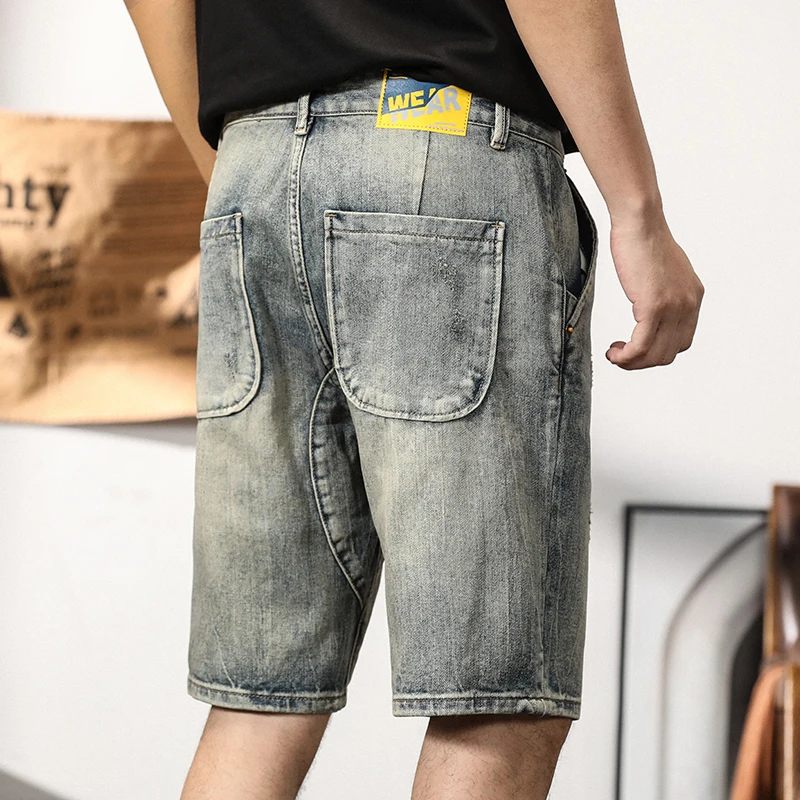 Erkek Yaz Şort Kot Büyük Boy Düz Gevşek Fit Patchwork Tasarımcı Erkek Kot Şort Yaz Diz Boyu Pantolon Streetwear . ' - ' . 3