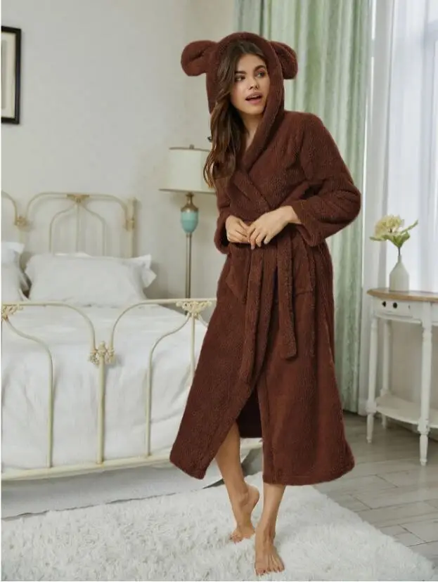 Kış Yeni Sıcak Flanel Bornoz Kadın Pijama Sevimli Kapşonlu Robe Kimono Banyo Elbisesi Gevşek Gecelik Gecelik Kalınlaşmak Gecelik . ' - ' . 3