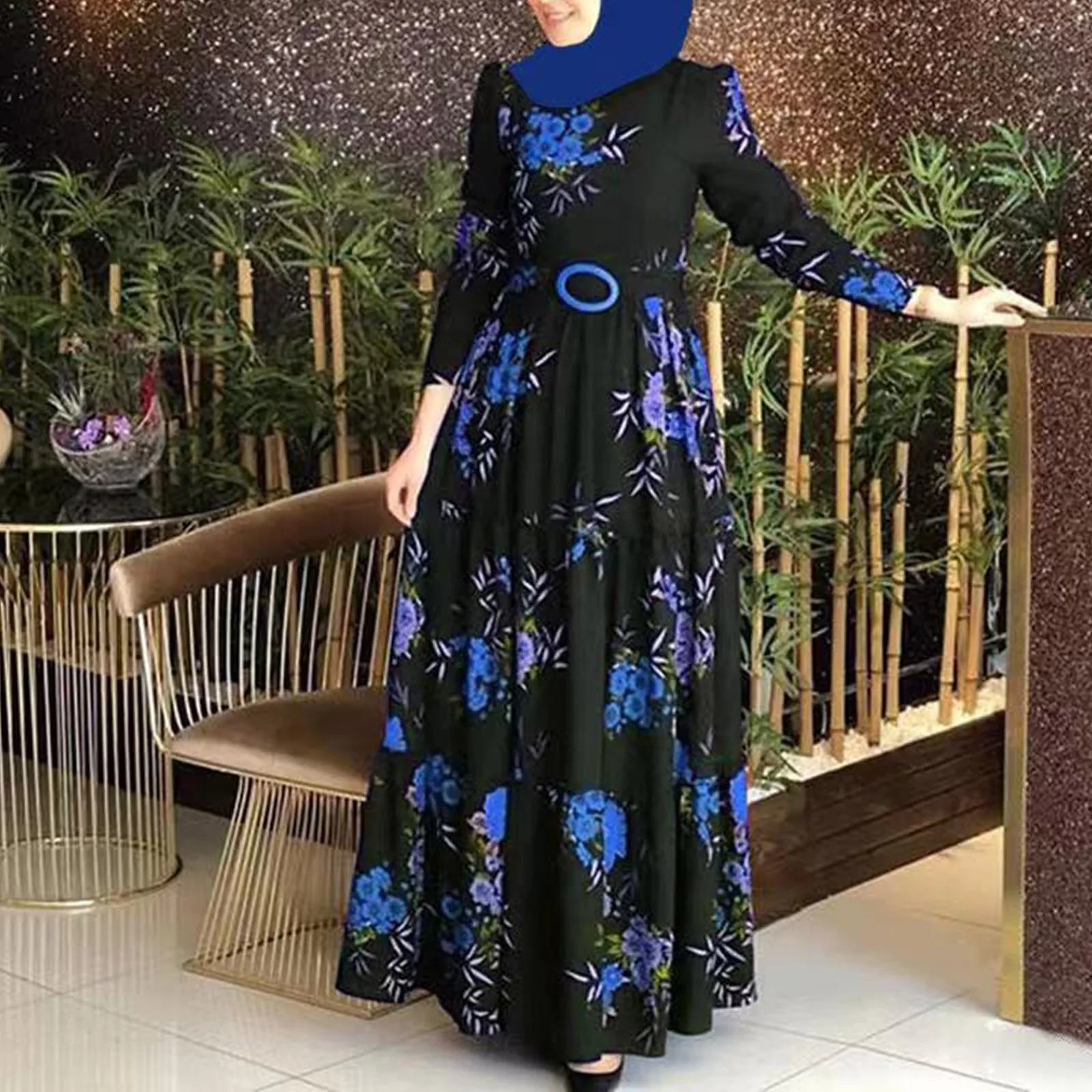 Vintage Elbise 2023 Sonbahar Retro Çiçek Baskı Müslüman Elbise Bayan Moda Rayon Uzun Vestidos Casual Gevşek fırfırlı elbiseler . ' - ' . 3