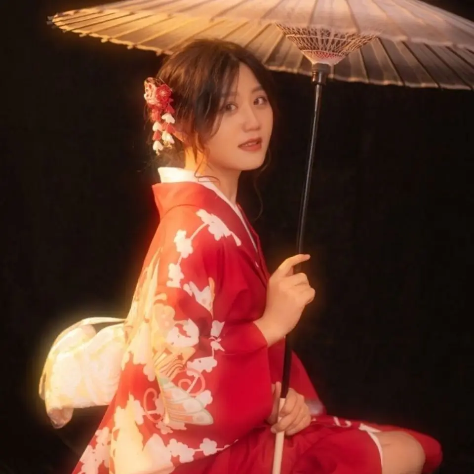Japon Geleneksel Kimono Obi İle Kırmızı Renk Çiçek Baskılar Uzun Kollu Seksi Kadın Kızlar Yukata Cosplay Sahne Performansı Elbise . ' - ' . 4