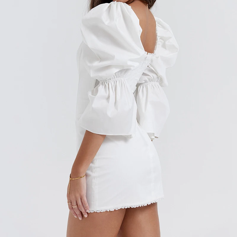 PASSİONNÉ Beyaz kadın Elbise Kare Boyun Puf Kollu Dantel Patchwork Wrap Kalça Elbiseler Kadın Zarif Moda 2023 Yaz Yeni . ' - ' . 4