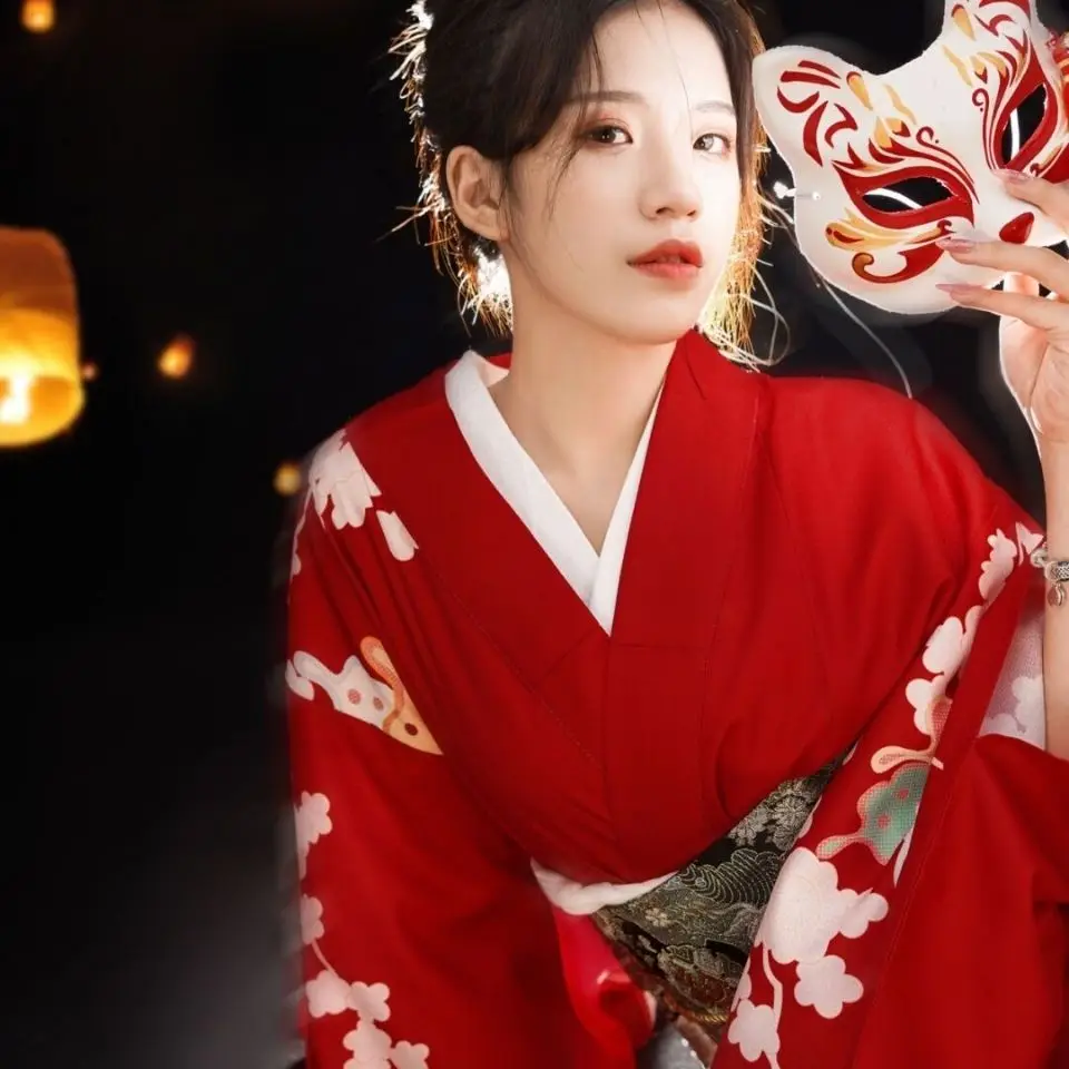 Japon Geleneksel Kimono Obi İle Kırmızı Renk Çiçek Baskılar Uzun Kollu Seksi Kadın Kızlar Yukata Cosplay Sahne Performansı Elbise . ' - ' . 5