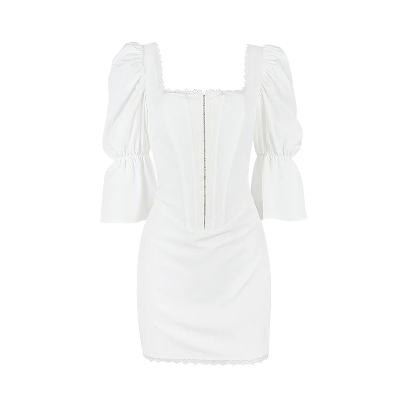 PASSİONNÉ Beyaz kadın Elbise Kare Boyun Puf Kollu Dantel Patchwork Wrap Kalça Elbiseler Kadın Zarif Moda 2023 Yaz Yeni . ' - ' . 5