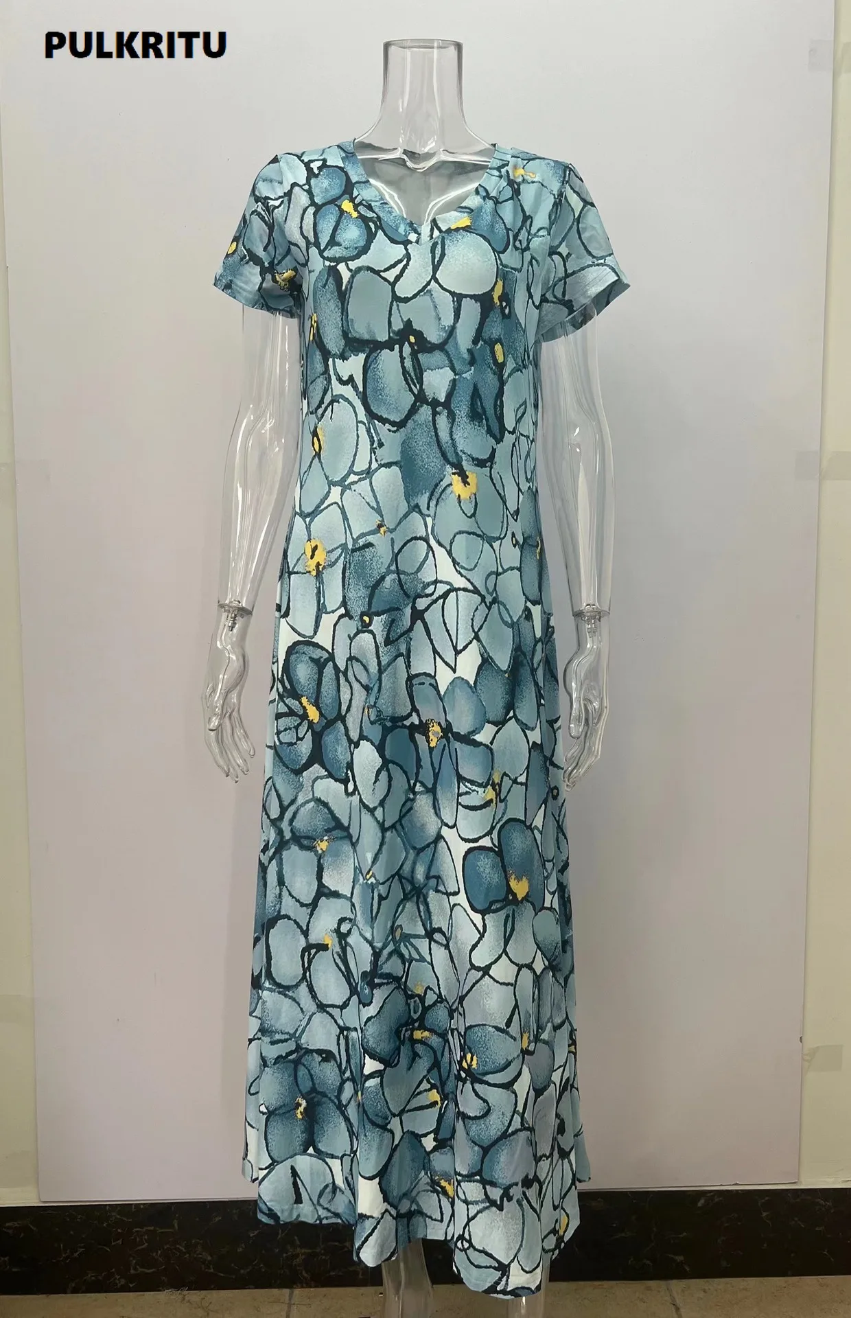 Pulkrıtu Kadınlar Çiçek Paisley Baskılı Kısa Kollu V Yaka Yan Bölünmüş T-shirt Tarzı Maxi uzun elbise 2023 Yaz Vestidos Elbiseler . ' - ' . 5