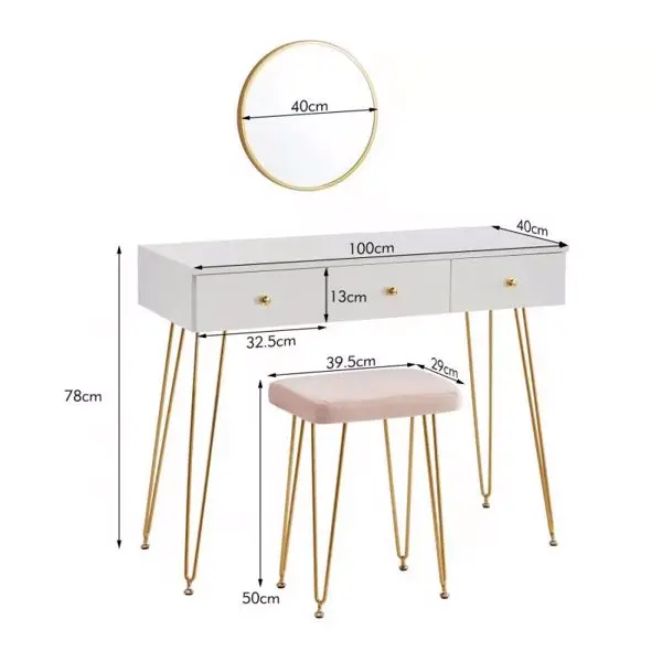 Tuvalet Masası Yatak Odası makyaj masası sandalyesi Seti Minderli Tabure Duvara Monte Ayna 3 Çekmeceli Altın Firkete Bacaklar makyaj masası . ' - ' . 5